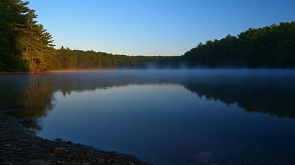 A serene lake with mist rising from the water, surrounded by lush green trees on a clear blue sky morning.