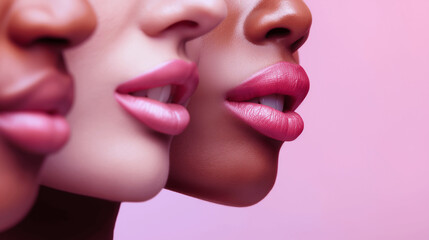 Naklejka premium Close-up of diverse women's lips wearing pink lipstick on a pastel background