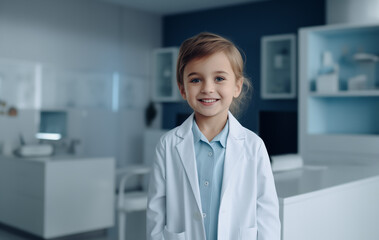 Fototapeta premium A smiling girl in a white lab coat stands in a modern, bright room, embodying curiosity and a future in science or medicine.