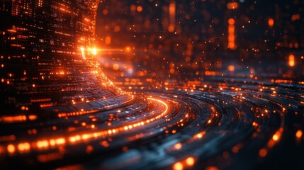 Fototapeta premium Abstract digital landscape with glowing orange and blue lights, representing futuristic technology and data streams.