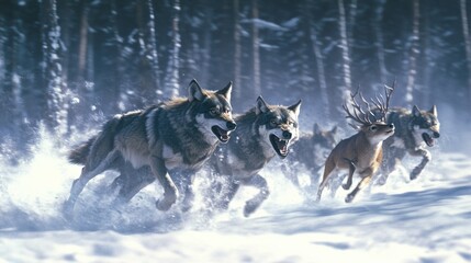 Naklejka premium Wolves Chasing Deer in a Snowy Forest Landscape