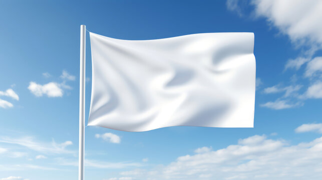 Blank white flag waving in the wind against a clear bkue cloudy sky. Mockup template