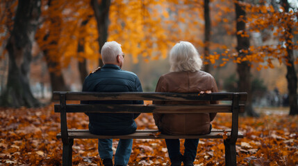 Elderly couple pensioners sitting on a bench in an autumn park surrounded by golden leaves