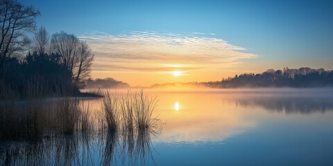 Obraz premium A tranquil sunrise over a calm lake with a misty morning atmosphere, surrounded by trees and reeds reflecting in the water.