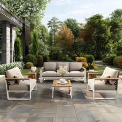 Fototapeta premium Modern Light Gray Beige Patio Set with Natural Wood and White Metal Frame