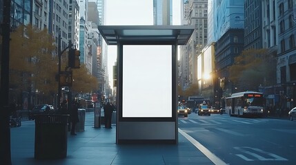 Fototapeta premium A blank white poster on the side of a bus stop shelter, with a clean glass structure and surrounding city streets in the background.