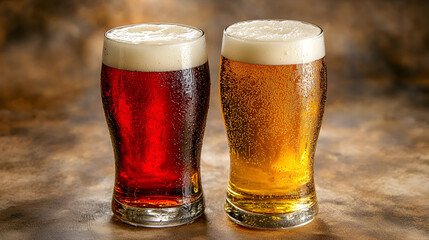 Refreshing craft beers served chilled in clear glasses against a warm, rustic background