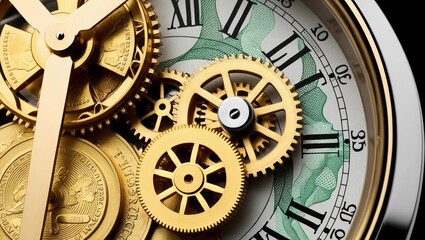 Clockwork Currency,A close-up of a mechanical clock, with gears made from gold coins and banknotes woven into the machinery. 