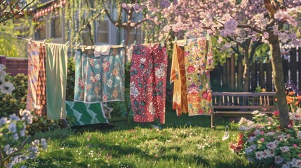Colorful Laundry Hanging in a Lush Garden