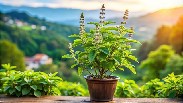 Holy basil plant growing in the garden with nature background