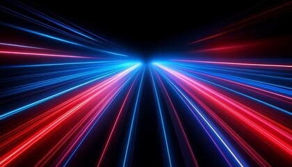 Fototapeta premium Speed light road lines. Neon effect of blue and red abstract stripes. A trace from a fast moving car. Path of laser beams. A stream of LED flashes on a black background.