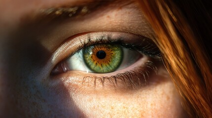 Close-up of a human eye showcasing vibrant green and brown colors with a hint of freckles.