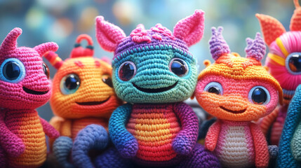 Colorful crocheted toys with big eyes and happy smiles.