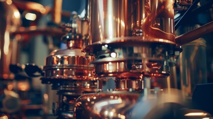 Close-up of a shiny, intricate copper machinery part, illuminated by soft, warm light.