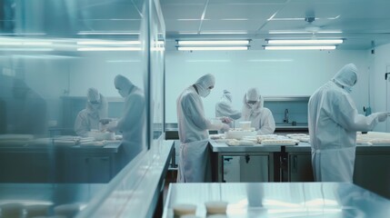 Obraz premium Individuals in white protective suits work meticulously in a sterile laboratory, embodying precision and safety in a scientific environment.