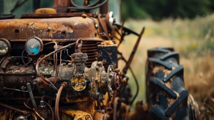 An old, rusted tractor in a field captures the essence of rustic, rural life and the passage of time.