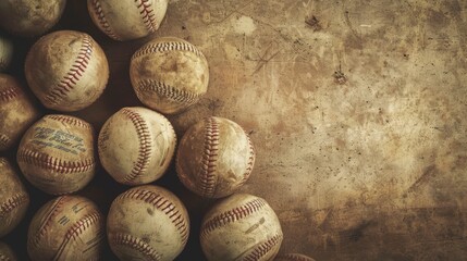 A collection of old, worn baseballs on a dusty surface, evoking nostalgia for past games and memories.