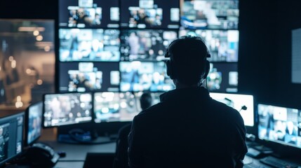 Obraz premium A person in a dark room, intensely monitoring video feeds on multiple screens, creating a tech-centric and focused atmosphere.