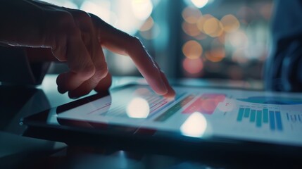 A finger points to colorful charts and graphs on a tablet's screen in a warmly lit environment, showcasing dynamic data interaction.