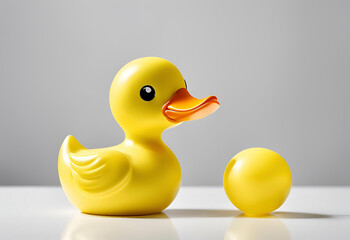 Yellow rubber duck with yellow ball, isolated, white background