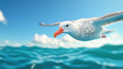 Seagull flying over ocean with blue sky Closeup of a seagull soaring over the ocean, with a clear blue sky and fluffy clouds in the background. Coastal wildlife