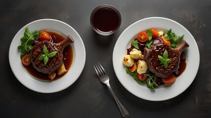 Top view of roast beef spicy covered in demi-glace gravy with mashed potatoes on a plate Churrasco on copy space plate isolated on a white background