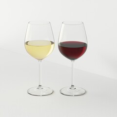 Glasses of red and white wine on table Two wine glasses, one filled with red wine and the other with white wine, placed on a white table, symbolizing elegance and choice