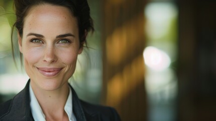 Fototapeta premium Woman in a dark blazer smiles warmly, standing against a blurred, greenish background.