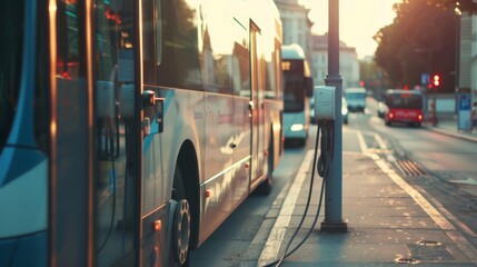 Electric buses are parked in a row on a city street at sunrise, their sleek designs gleaming as they charge.