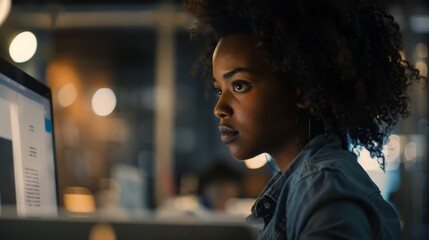 A woman, focused and thoughtful, works on her desktop computer in an office setting, lit warmly as the ambient lights blur into a soft bokeh.