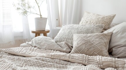 Cozy bed with decorative neutral-toned pillows and a soft blanket, lit by natural sunlight through a window, creating a peaceful atmosphere.