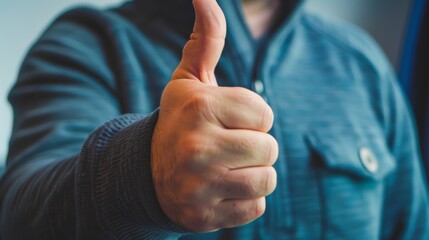 A close-up of a person giving a thumbs-up gesture, signifying approval or positivity, with a blurred background.