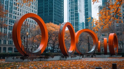 Bright orange loop sculptures align in a public plaza surrounded by modern skyscrapers and autumn foliage, creating an urban artistic scene.
