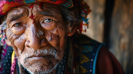 A portrait of an elderly individual wearing traditional, colorful headgear, exuding wisdom and years of life experience etched in their expressive face.