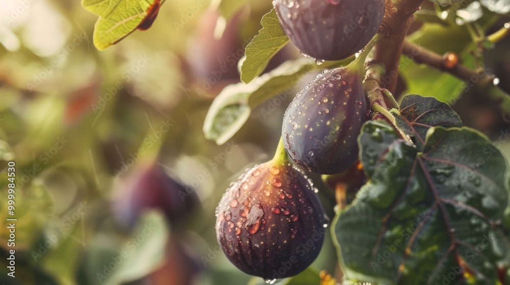 Wall mural Dew-drenched figs glistening in the sunlight, nestled among lush green leaves, capturing the essence of a fresh summer morning.