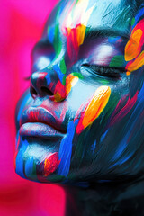 Obraz premium Colorful portrait of a woman with closed eyes, pink background. Rare Disease Day. Vertical banner. Biochemistry. Medicine and health concept. Genetic and hereditary significance. Medical research