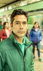 Fototapeta premium Hombre de mediana edad de pie en una estación de autobús o tren con el desenfoque de movimiento de los pasajeros