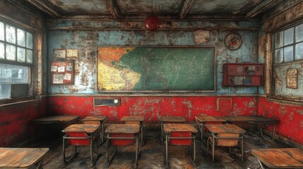 A vintage classroom with peeling paint and faded desks, waiting for the return of students