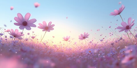 A delicate field of pink wildflowers bathed in the warm glow of the setting sun, creating a dreamy and ethereal atmosphere.