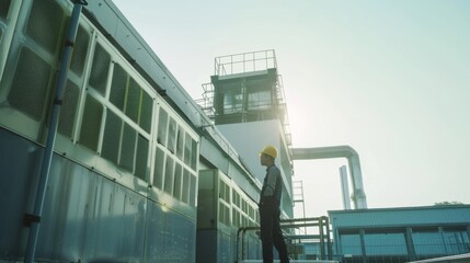 An industrial worker stands alone, gazing at a large factory building at dawn, clad in a safety helmet and vest, embodying solitude and dedication in the early light.