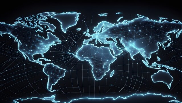 A glowing blue world map with grid lines and connections.