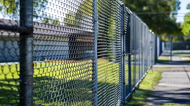 Tall chain link fence on a sunny day, offering security and blending with nature