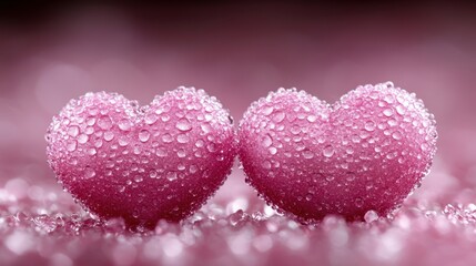 Fototapeta premium Two pink hearts covered in dew drops, a symbol of love and affection, glistening with the promise of a new beginning.