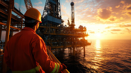 Worker on oil rig at sunset.