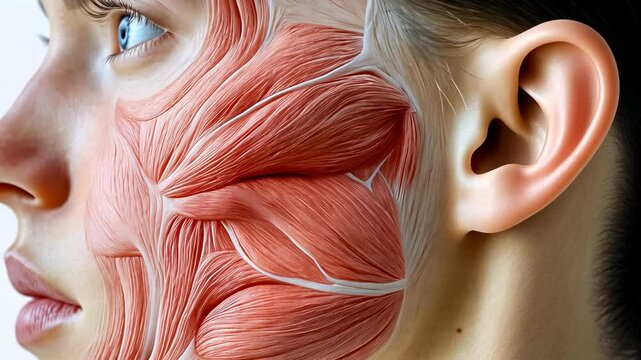 A close-up profile of a young Caucasian woman blends seamlessly with a detailed illustration of her facial muscles. The daylight highlights her bright eyes and smooth skin, giving a clinical yet