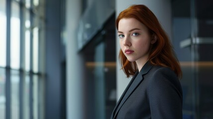 A confident woman with red hair in professional attire stands indoors against a glass backdrop, exuding determination and poise.