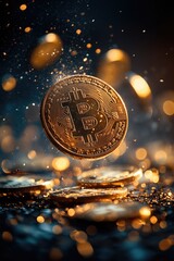 Closup photo of a bitcoin falling, sparkling, shining bitcoins in the background