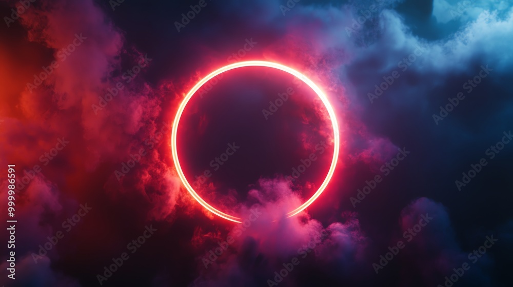 Poster A glowing neon circle against a dark background with red and blue smoke.