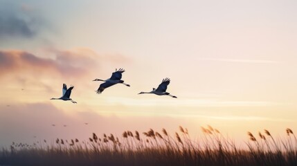Three cranes glide effortlessly over a grassy field during twilight, with soft pastel hues painting the sky behind them.