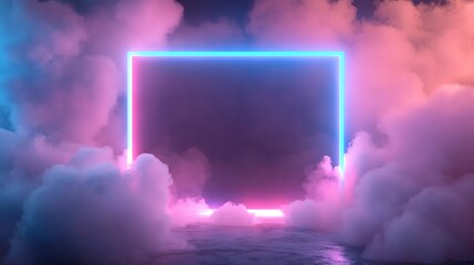 A glowing neon square frame in front of a pink and purple cloudy sky.
